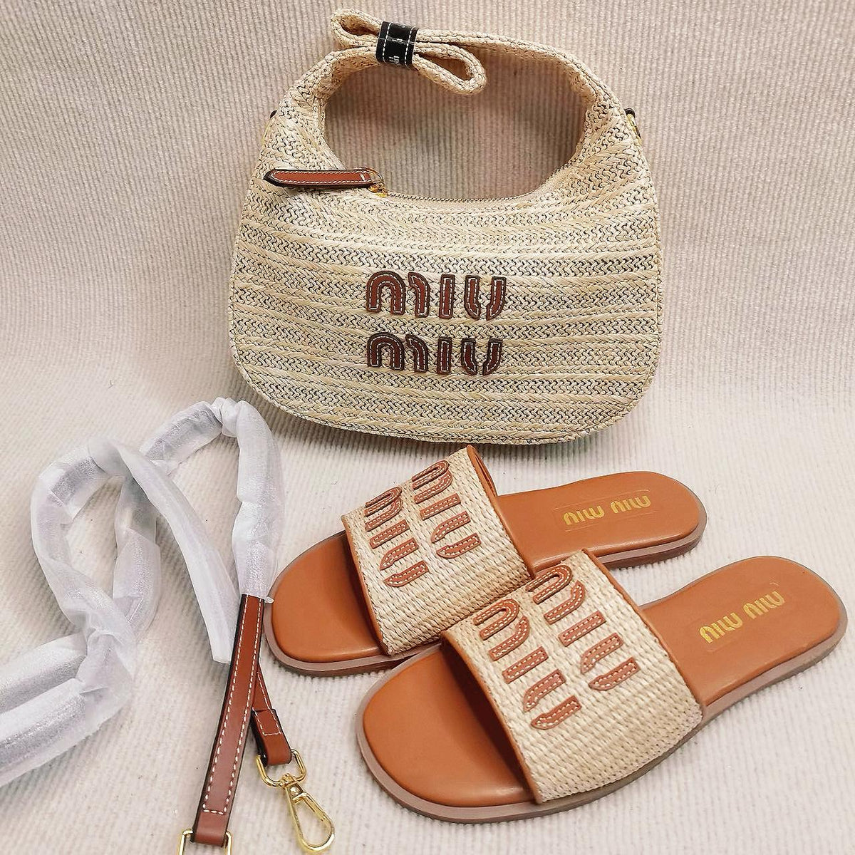 Neutral Logo Slides In Rafia By Miu Miu - Saadstore