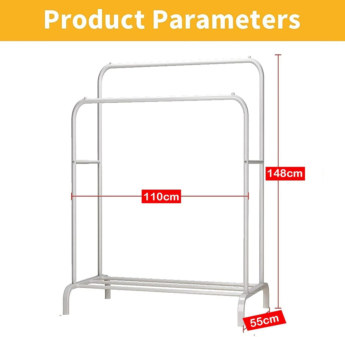 Metal Multipurpose Garment Rack Heavy Duty Cloth Rail with 2 Bottom Shelf Coat Jacket Hanging Hanger Shoe Stand ''WHITE & BLACK