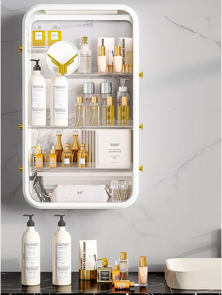 4-Tier Makeup Organizer Cosmetics Storage Box Perfume Display Shelf Case with Dustproof Tissue Holder Small Cabinet for Toilet Bathroom Vanity Bedroom Dressing Desk
