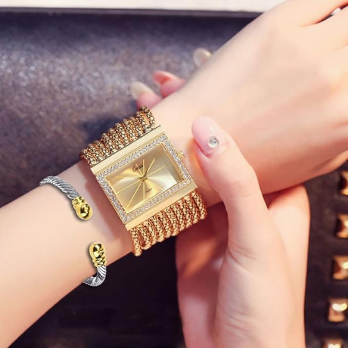 Women’s Gold colour Multi-Chain Bracelet Watch Set with Cuff Bangle – Luxury Analog Quartz Wrist Watch UAE
