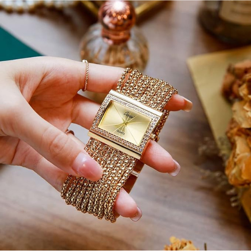 Women’s Gold colour Multi-Chain Bracelet Watch Set with Cuff Bangle – Luxury Analog Quartz Wrist Watch UAE