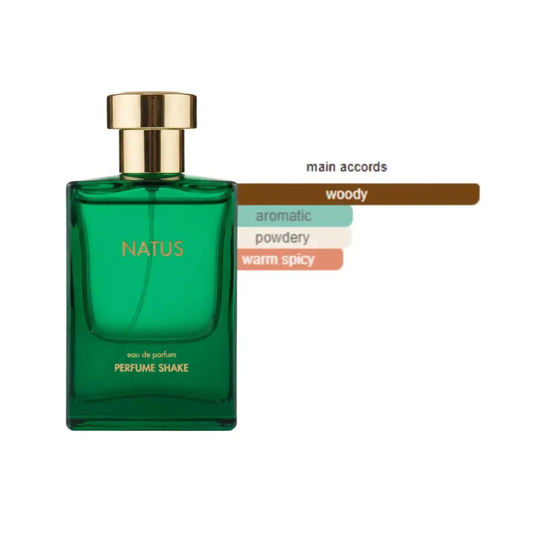 Green perfume bottle with gold cap labeled 'NATUS' on a white background with notes, Long Lasting in UAE