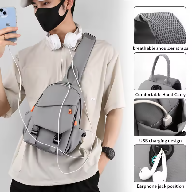 Men's & Women's Waterproof Oxford Crossbody Bag with USB Port | Unisex Chest Bag for Daily Use | OEM Customization UAE