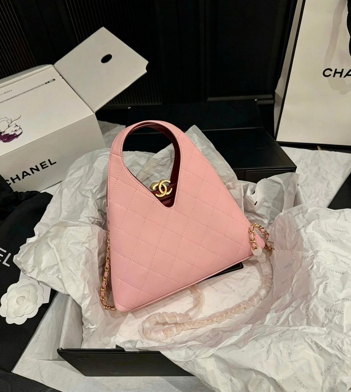 V-Cut Quilted hobo Top Handle Bag