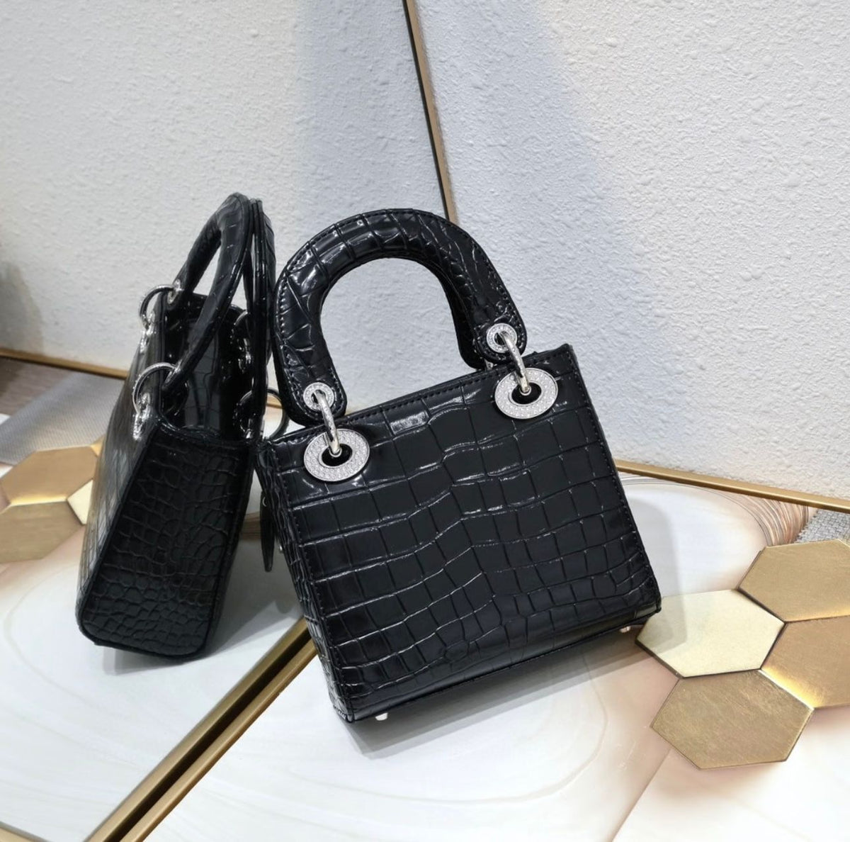 Lady Dior Python Silver Diamond Hardware Mini Chain Bag 18cm - Saadstore
