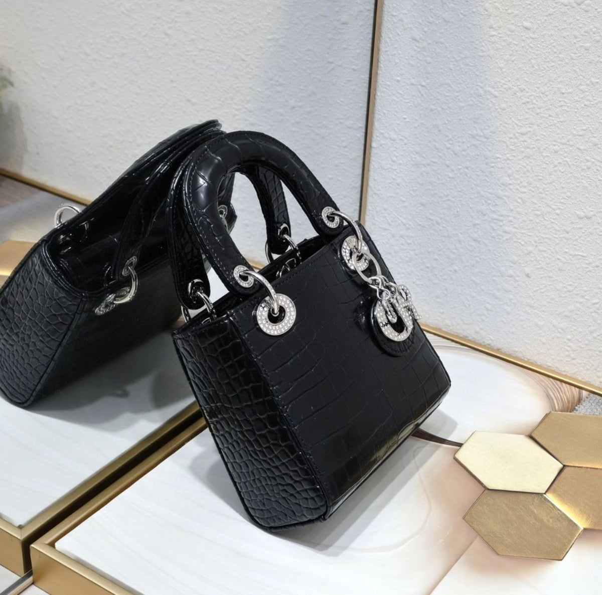 Lady Dior Python Silver Diamond Hardware Mini Chain Bag 18cm - Saadstore