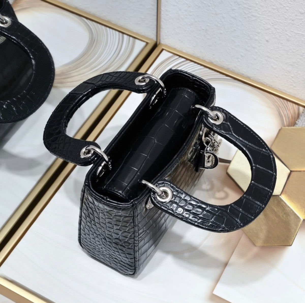 Lady Dior Python Silver Diamond Hardware Mini Chain Bag 18cm - Saadstore