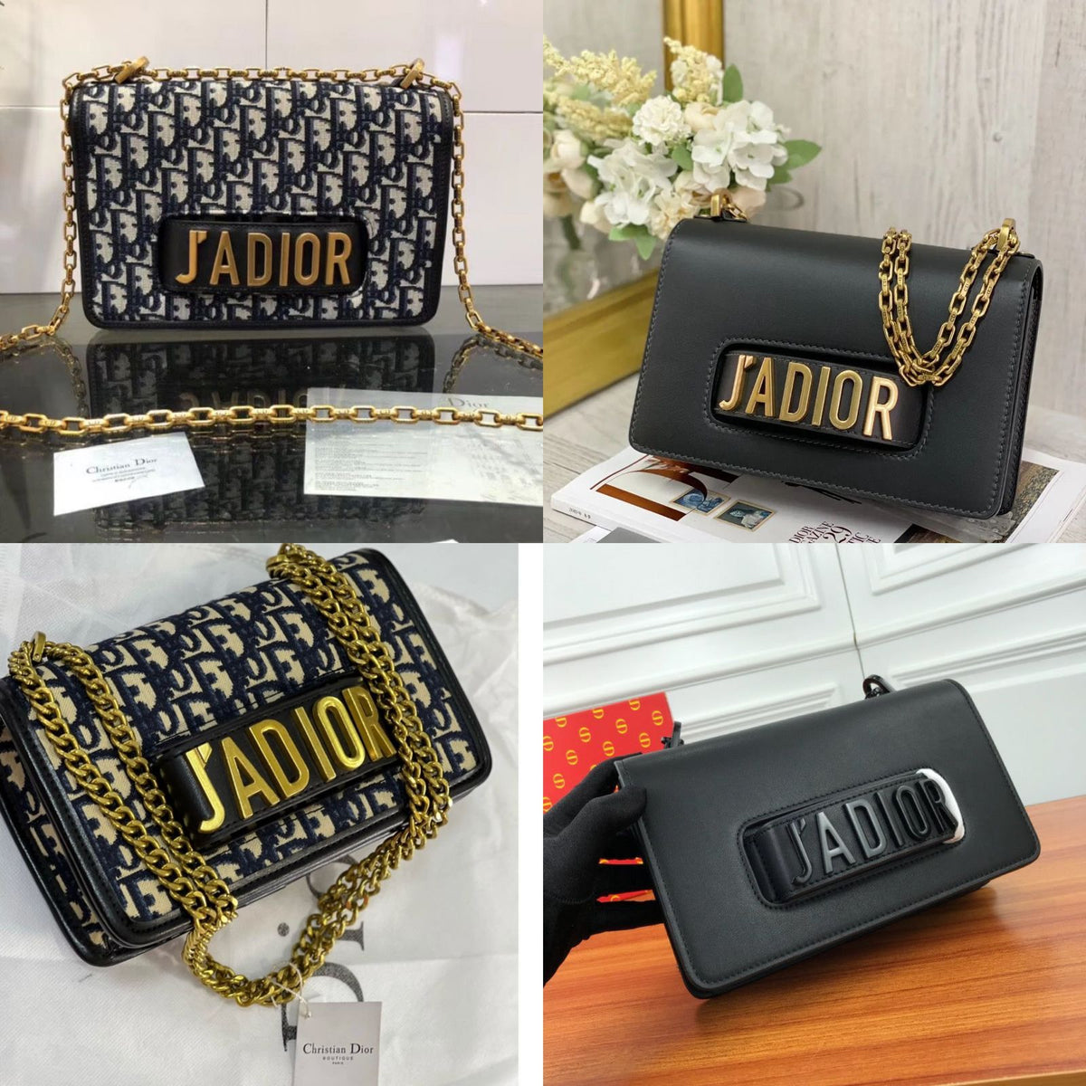 𝐃 Black Leather J’adior Flap Chain Bag - Saadstore
