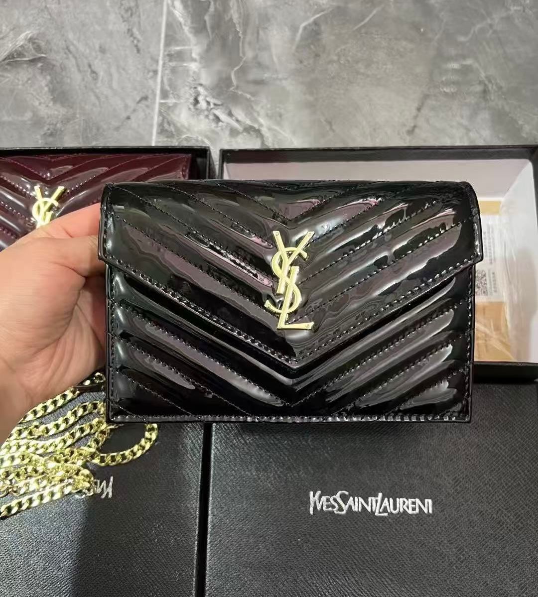 Patent Leather CASSANDRE Envelope Chain Wallet By YSL - Saadstore