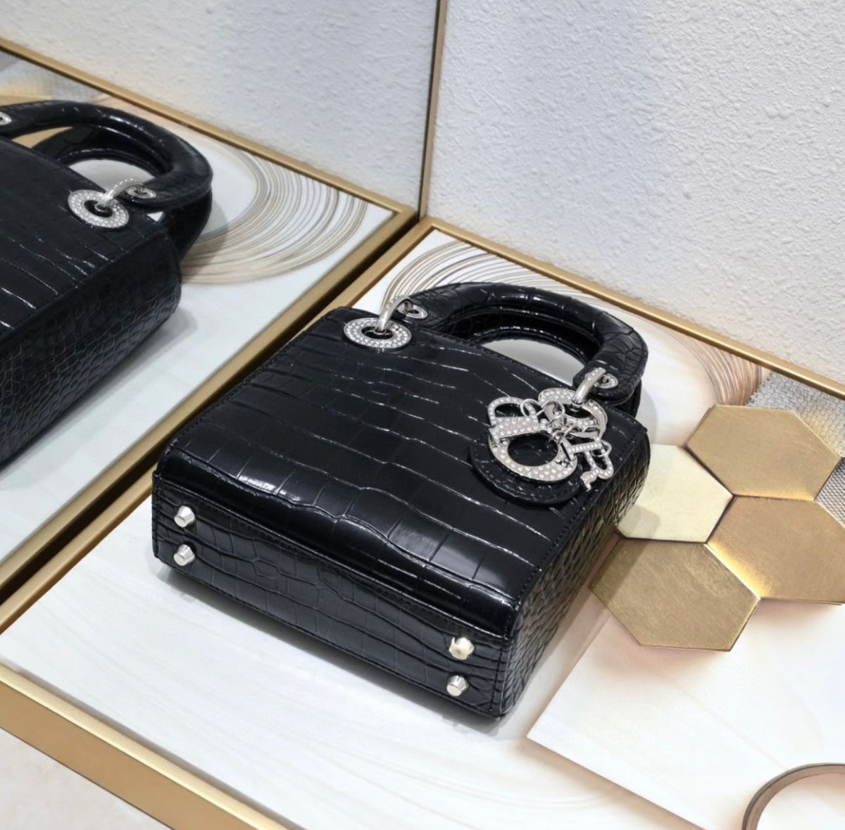 Lady Dior Python Silver Diamond Hardware Mini Chain Bag 18cm - Saadstore