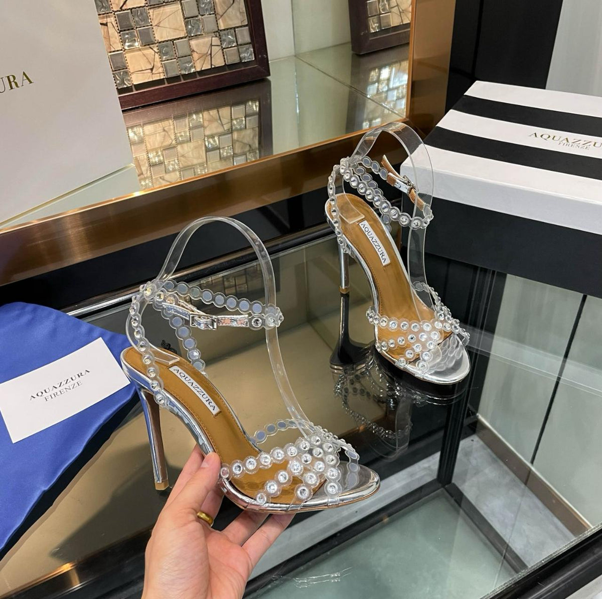 Tequila 105 Crystal - Embellished Metallic Leather Sandals By Aquazzura - Saadstore