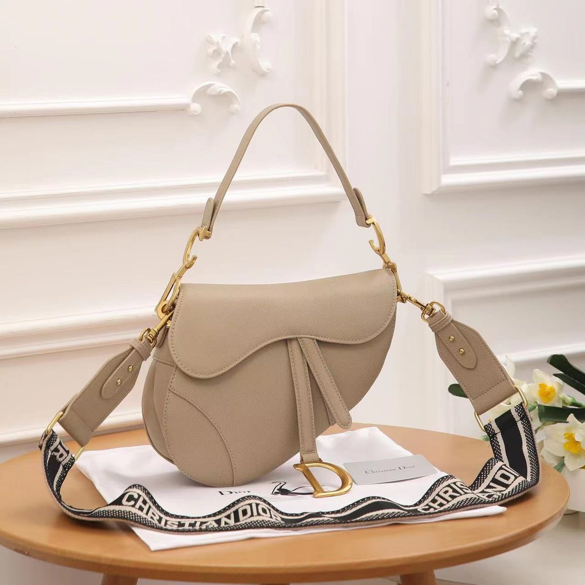 CD Calfskin Leather Saddle Bag With Strap 25cm - Saadstore