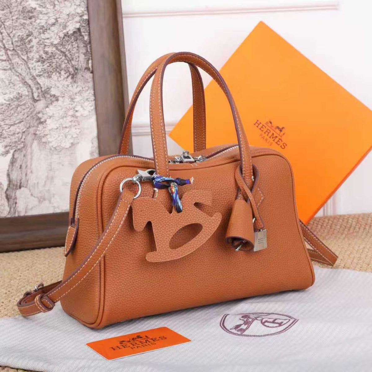 H Leather Bag Silver Hardware 25cm - Saadstore