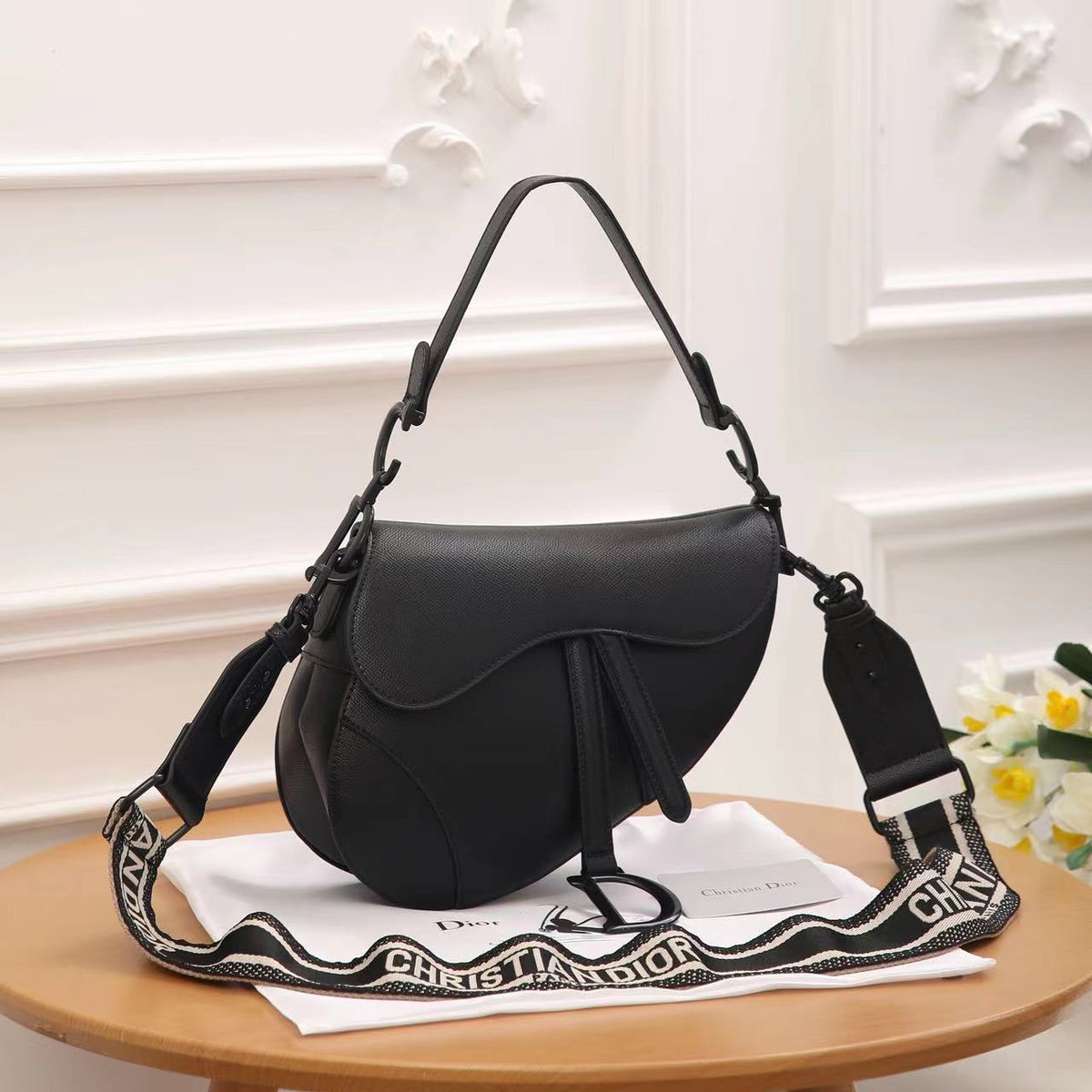 CD Calfskin Leather Saddle Bag With Strap 25cm - Saadstore