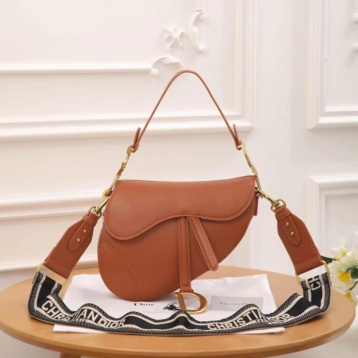 CD Calfskin Leather Saddle Bag With Strap 25cm - Saadstore
