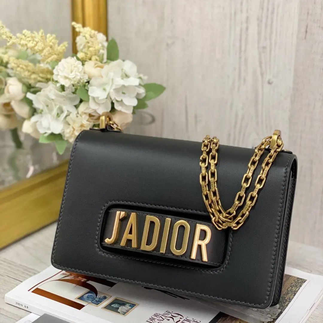 𝐃 Black Leather J’adior Flap Chain Bag - Saadstore