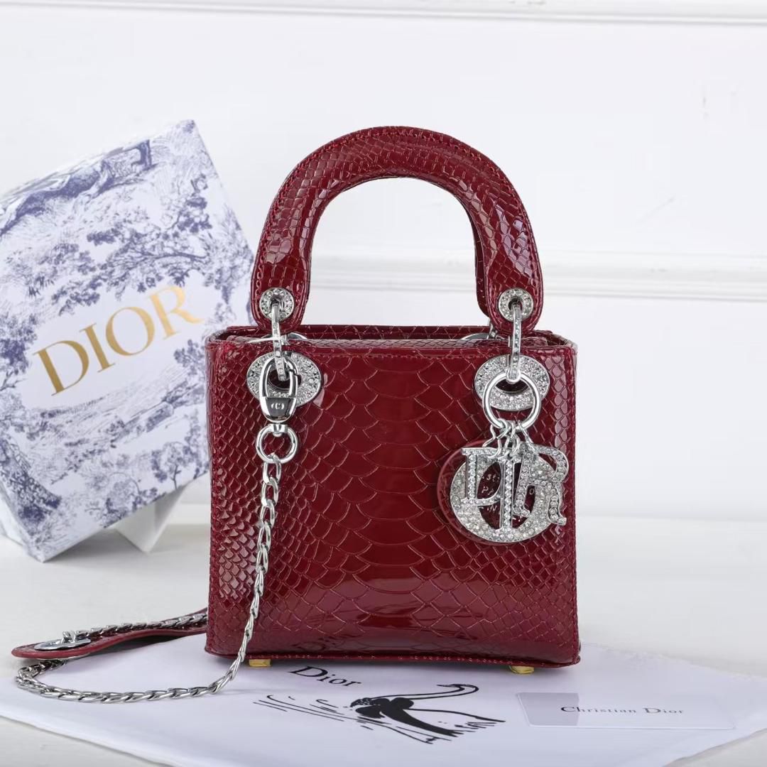 Lady Dior Python Silver Diamond Hardware Mini Chain Bag 18cm - Saadstore