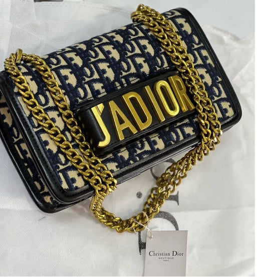 𝐃 Black Leather J’adior Flap Chain Bag - Saadstore