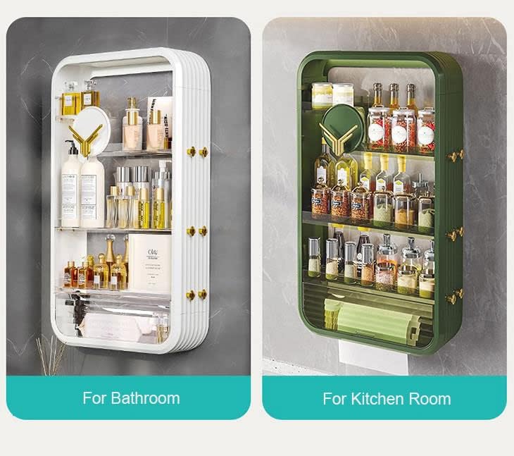 4-Tier Makeup Organizer Cosmetics Storage Box Perfume Display Shelf Case with Dustproof Tissue Holder Small Cabinet for Toilet Bathroom Vanity Bedroom Dressing Desk