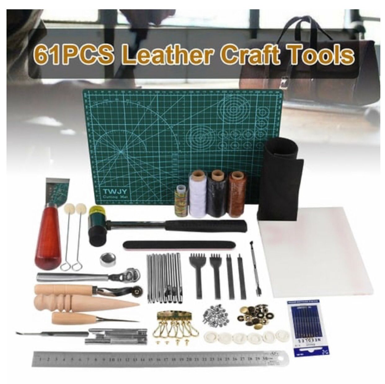 61 pcs Leather Craft Tools Punch Kit Stitching Working Stitching Groover Sewing Set