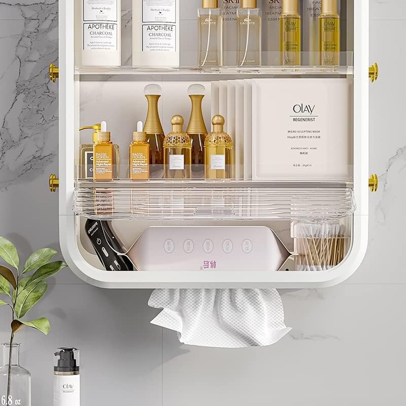 4-Tier Makeup Organizer Cosmetics Storage Box Perfume Display Shelf Case with Dustproof Tissue Holder Small Cabinet for Toilet Bathroom Vanity Bedroom Dressing Desk