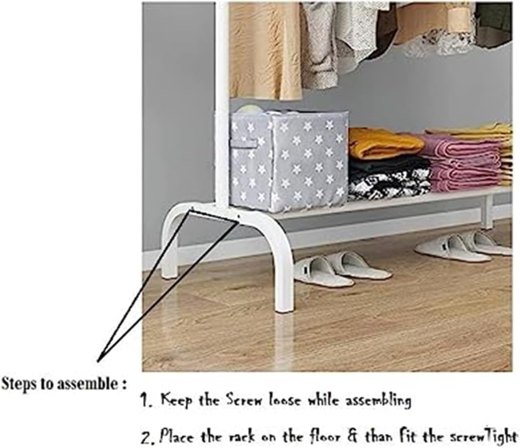 Metal Multipurpose Garment Rack Heavy Duty Cloth Rail with 2 Bottom Shelf Coat Jacket Hanging Hanger Shoe Stand ''WHITE & BLACK