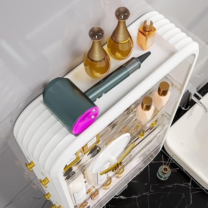 4-Tier Makeup Organizer Cosmetics Storage Box Perfume Display Shelf Case with Dustproof Tissue Holder Small Cabinet for Toilet Bathroom Vanity Bedroom Dressing Desk