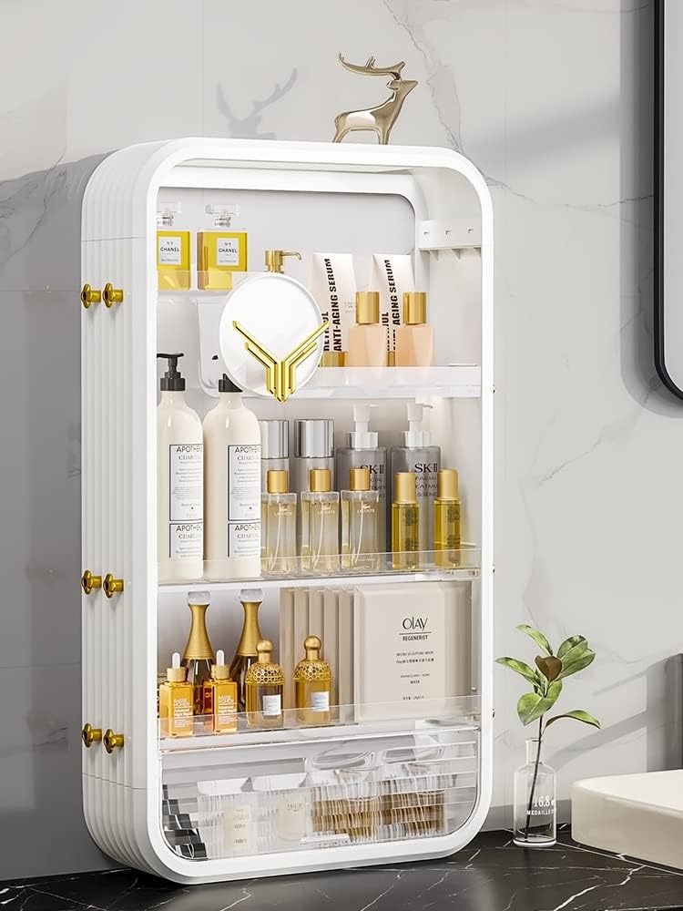 4-Tier Makeup Organizer Cosmetics Storage Box Perfume Display Shelf Case with Dustproof Tissue Holder Small Cabinet for Toilet Bathroom Vanity Bedroom Dressing Desk