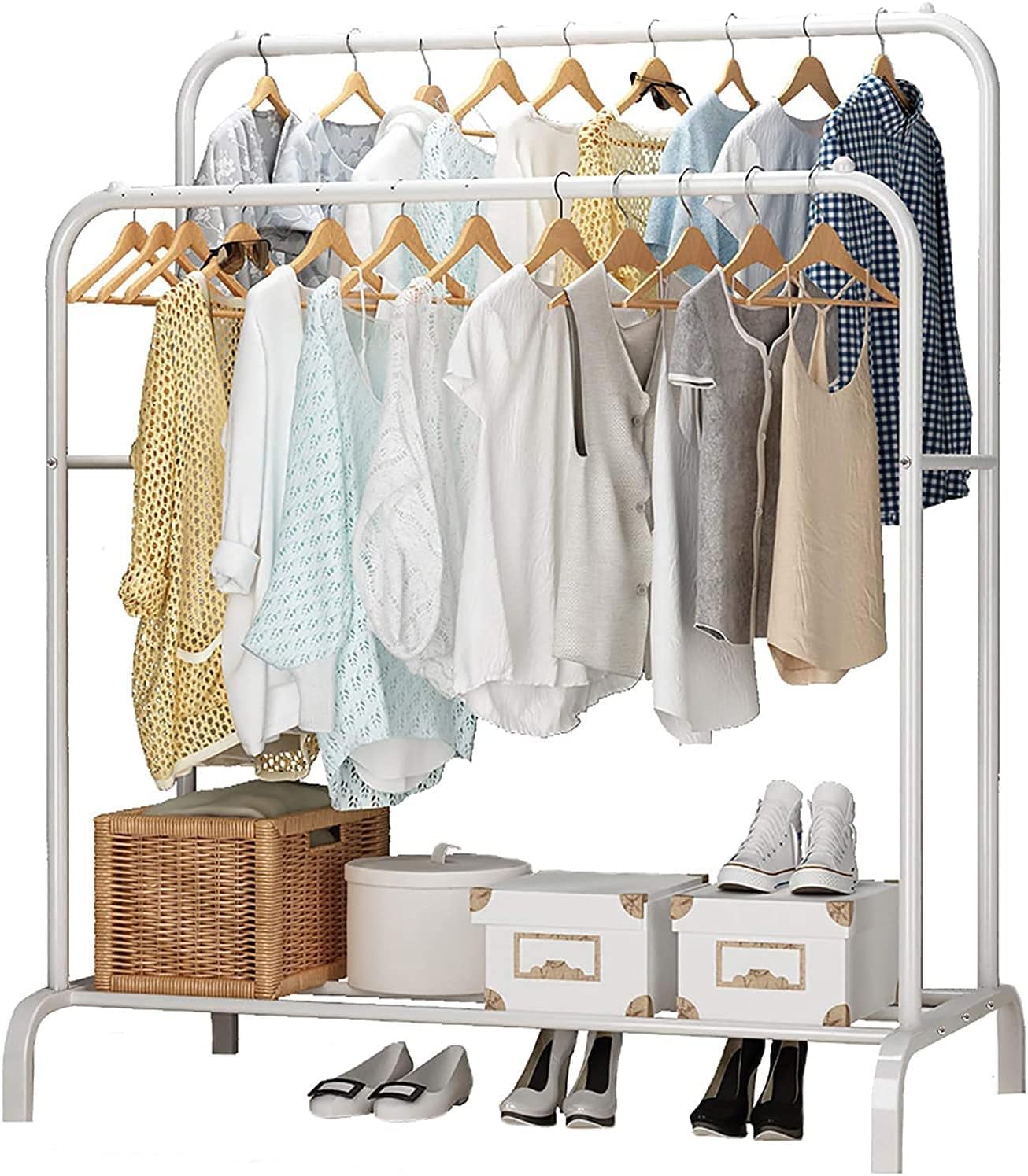 Metal Multipurpose Garment Rack Heavy Duty Cloth Rail with 2 Bottom Shelf Coat Jacket Hanging Hanger Shoe Stand ''WHITE & BLACK