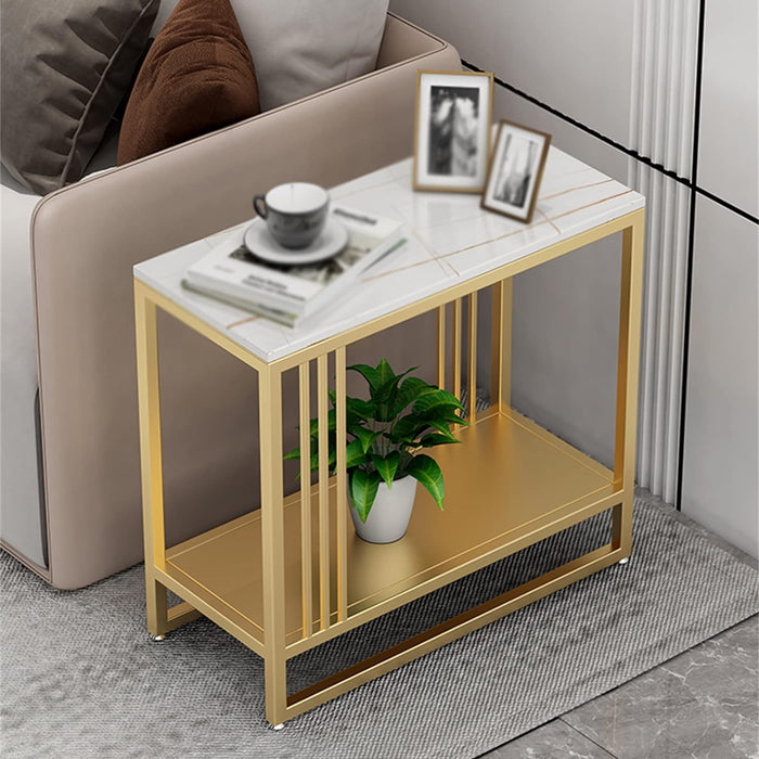 Modern Marble Slim Side Table with Storage Shelf – Stylish End Tables for Living Room and Space-Saving Sofa Tables (Size:65 * 28 * 55cm,)