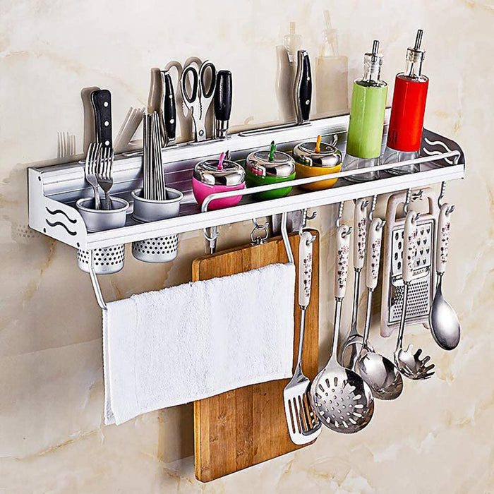 Multifunctional Wall Mount Aluminium Hanging Utensil Display Rack Shelf Organizer for Ladles Spoons Pans Spices Cutlery Cookware with Knife and Hand Towel Holder
