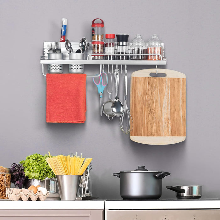 Multifunctional Wall Mount Aluminium Hanging Utensil Display Rack Shelf Organizer for Ladles Spoons Pans Spices Cutlery Cookware with Knife and Hand Towel Holder