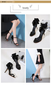 American-style Big Flower  Black High Heels Sandals
