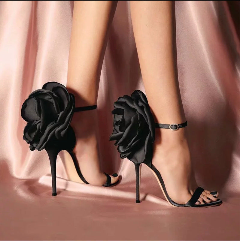 American-style Big Flower  Black High Heels Sandals