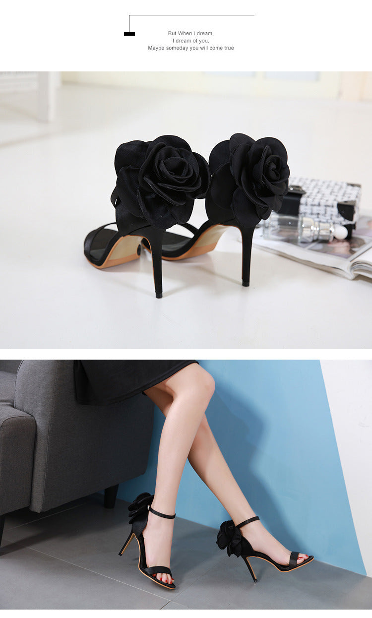 American-style Big Flower  Black High Heels Sandals