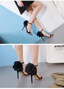 American-style Big Flower  Black High Heels Sandals