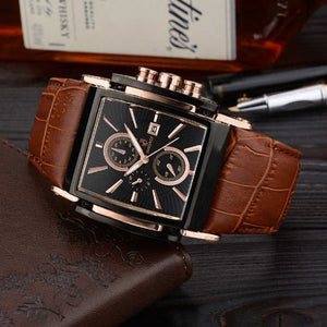 Leather Strap Rectangular Dial Men Waterproof Watches